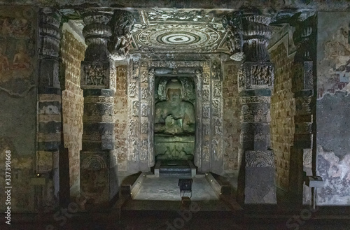 Sculptures of Gautama Buddha inside the Caves of Ajanta, an UNESCO world heritage site near Aurangabad in Maharashtra, India