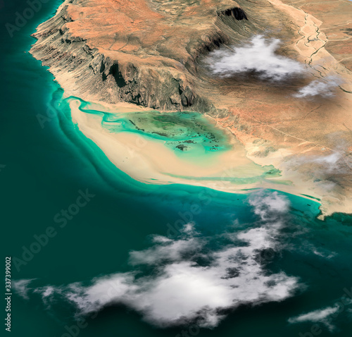 Satellite view of Qalansiyah Beach, Socotra, Yemen. 3d render. Deetwah lagoon, Qalansia. One of the most spectacular beaches in the world. 3d render. Element of this image is furnished by Nasa photo