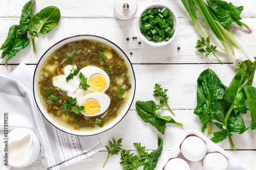 Green sorrel and spinach soup with boiled egg and sour cream on white wooden rustic table, top view photo