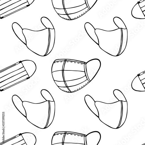 Seamless doodle background with hand-drawn medical masks. Vector image for sites, textiles, booklets.