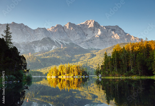 Famous alpine lake Eibsee. Location Garmisch-Partenkirchen  Bavarian alp  Europe.