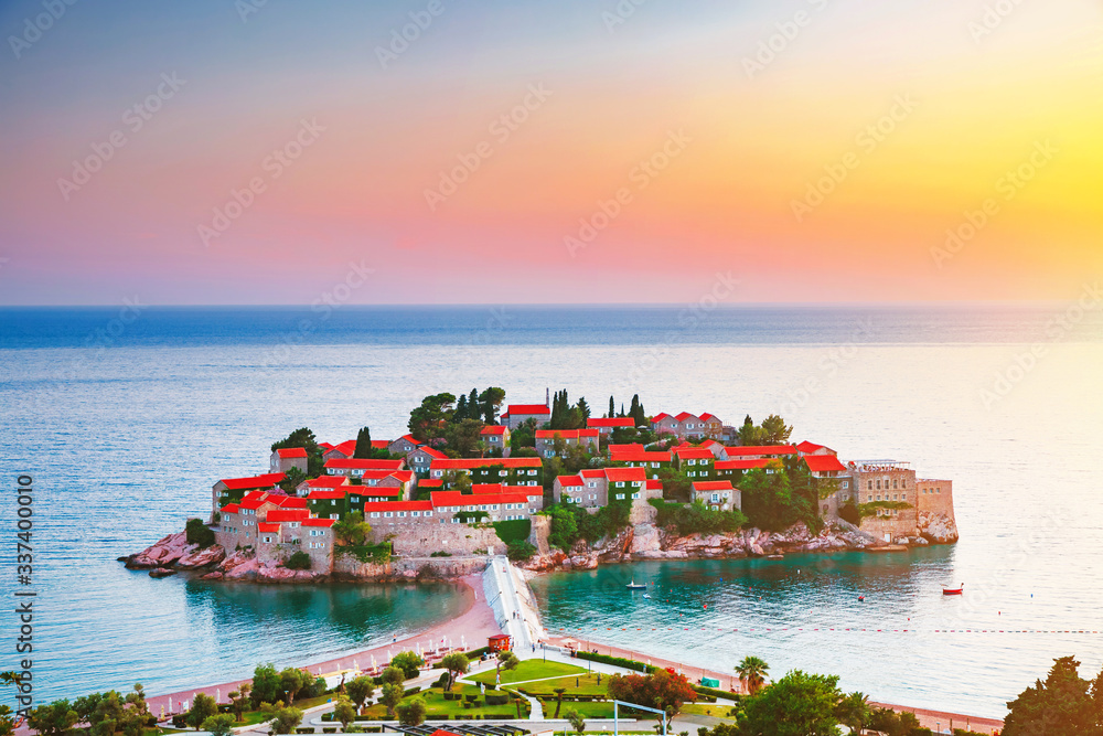 Idyllic view of the small islet Sveti Stefan. Location place Montenegro, Adriatic sea, Europe.