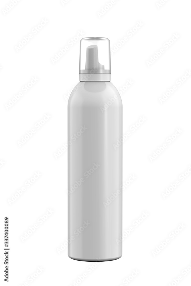 White Hair Mousse Container with Transparent Cap. 3D Render Isolated on White. White Hair Mousse Container with Transparent Cap. 3D Render Isolated on White.