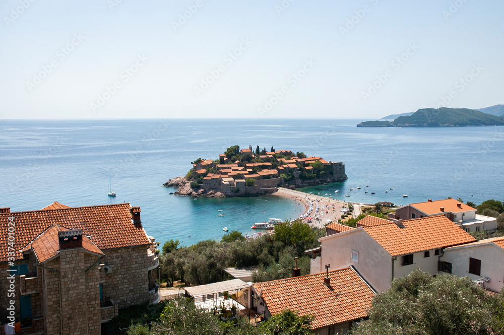 View to Sveti Stefan Island Town, coast and Adriatic Sea, Montenegro