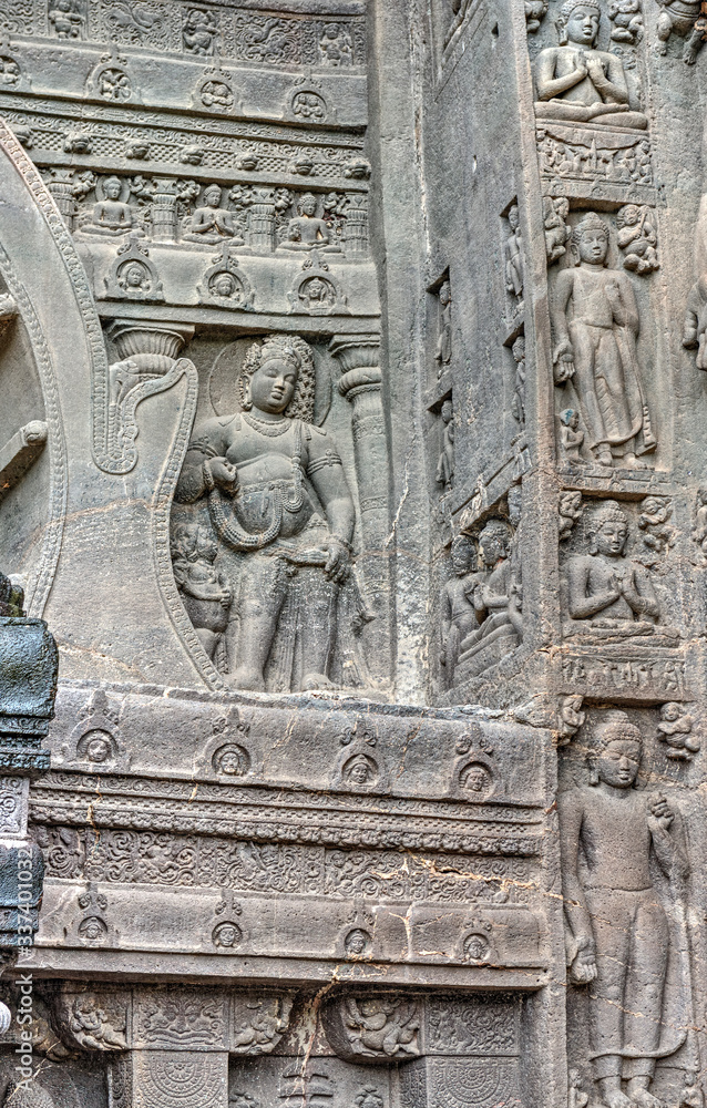 Ornate Sculptures and carvings outside Buddhist Caves at Ajanta, an UNESCO World Heritage site near Aurangabad in Maharashtra, India