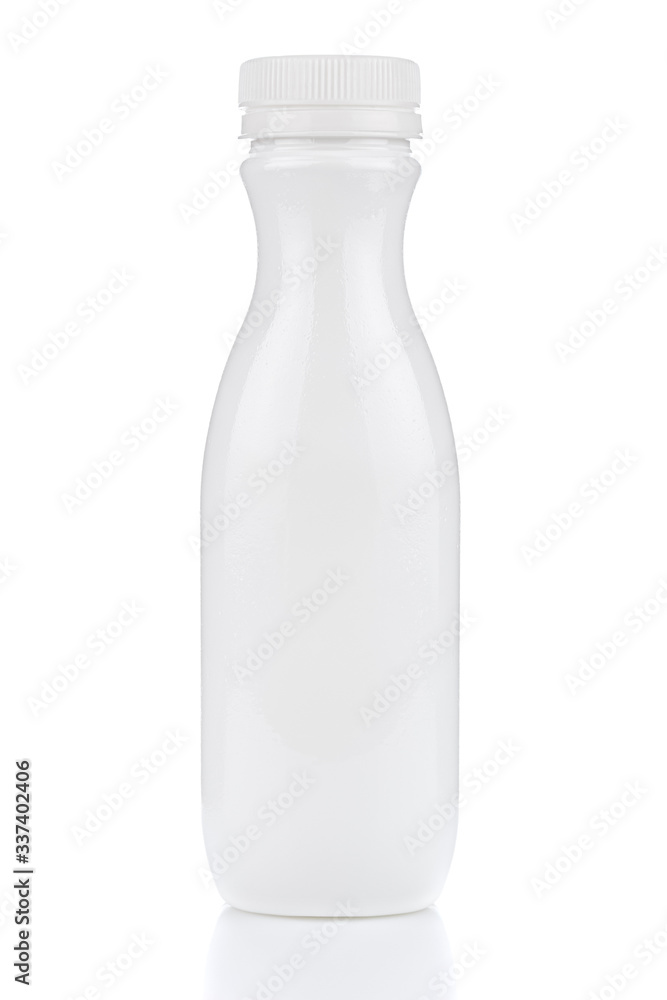 White plastic milk bottle isolated on white background with reflection on glossy surface White plastic milk bottle isolated on white background with reflection on glossy surface