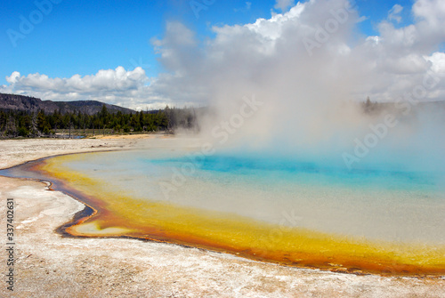 Sunset Lake, one of many colorful hot springs, in the Black Sand Basin of Yellowstone National Park