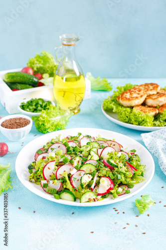 Fresh vegetable salad with radish  cucumbers  lettuce  dill and green onion