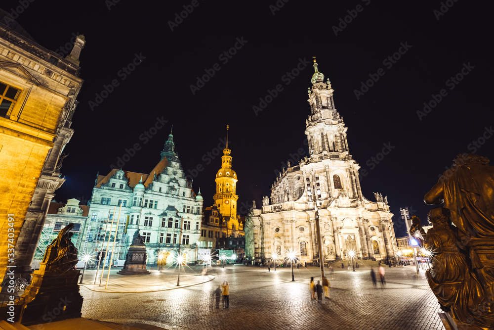 View of cathedral Catholic Hofkirche and palace Georgenbau. Location Dresden, Saxony land, Germany.
