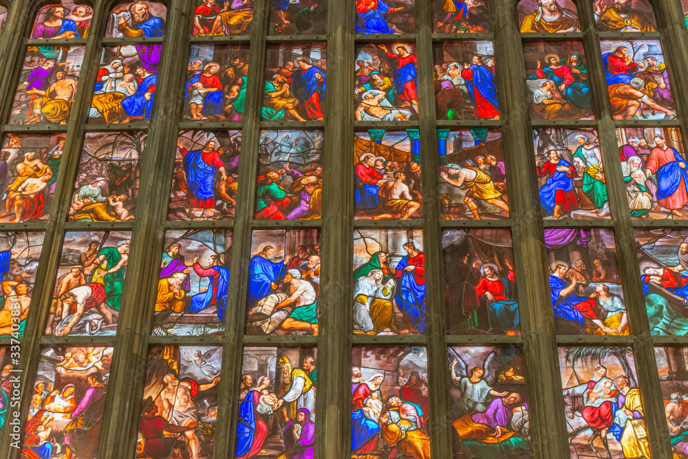 Italy, Milan, February 12, 2020, view of stained glass windows in the interior of the Duomo
