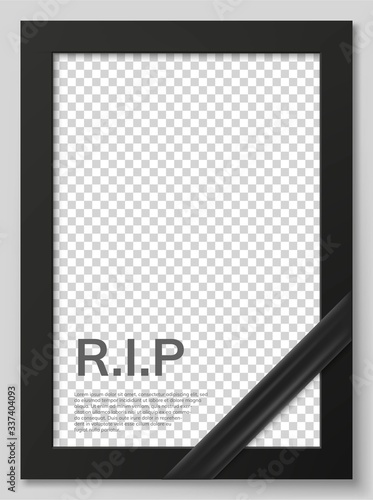 Funeral ceremony and condolence card layout. Rest in peace card. Funeral photo frame mockup with black ribbon. Black memorial frame with transparent place for portrait or text vector illustration.