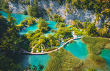 Peaceful view on paradise waterfalls of Plitvice Lakes National Park. Croatian famous resort.