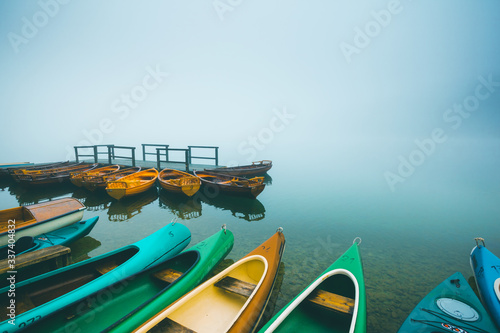 Great view of the Bohinj lake in foggy morning. Location place Triglav national park, Slovenia.