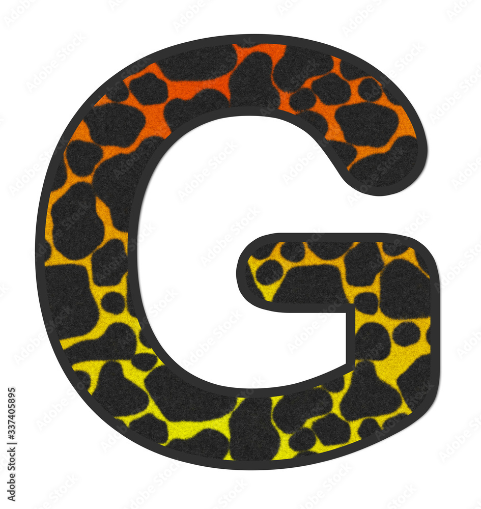 3D Giraffe Orange-Yellow print letter G, animal skin fur creative decorative character G, Cheetah colorful isolated in white background has clipping path dicut. Design font wildlife or safari concept. 3D Giraffe Orange-Yellow print letter G, animal skin fur creative decorative character G, Cheetah colorful isolated in white background has clipping path dicut. Design font wildlife or safari concept.