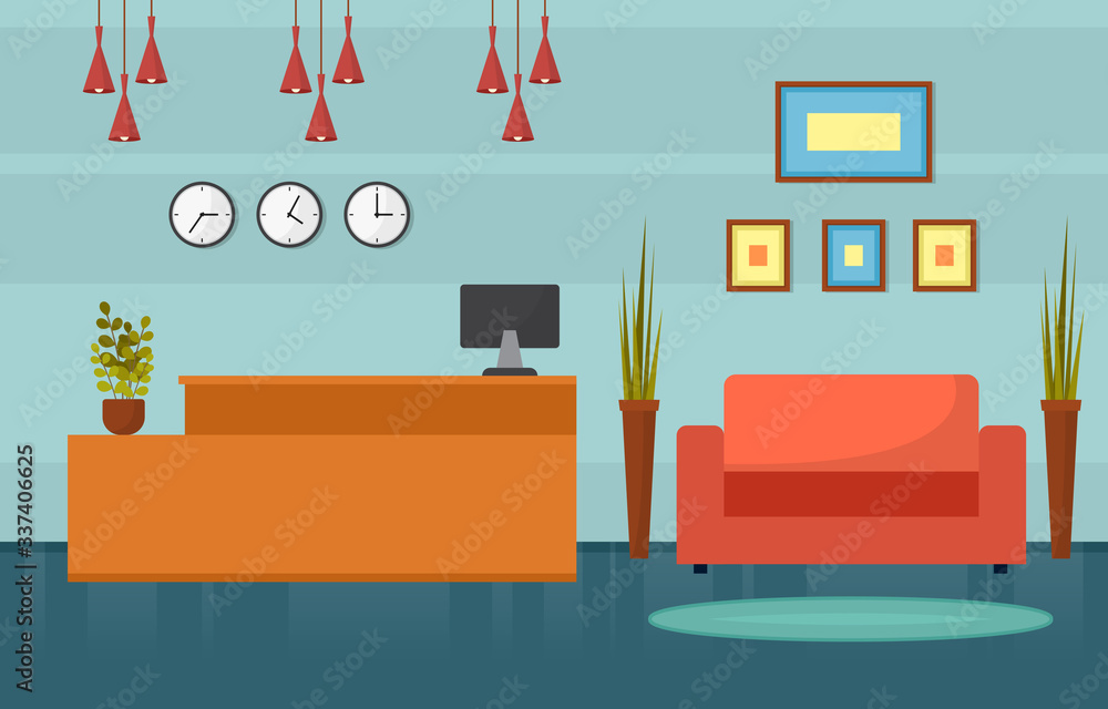 Fototapeta premium Hotel Check In Reception Desk Lobby Room Furniture Interior Illustration