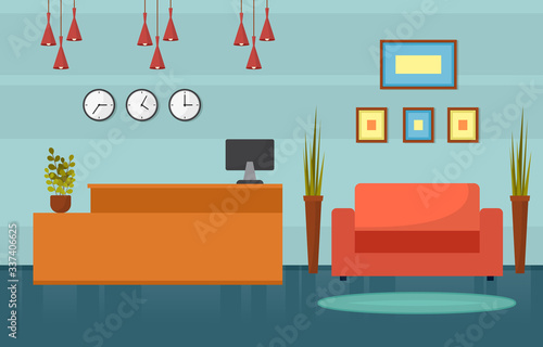 Hotel Check In Reception Desk Lobby Room Furniture Interior Illustration