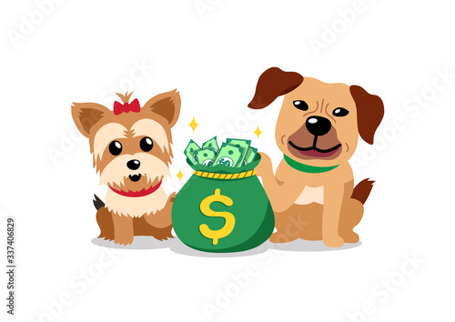 Vector cartoon character happy dogs with money bag for design.