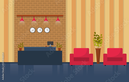 Hotel Check In Reception Desk Lobby Room Furniture Interior Illustration