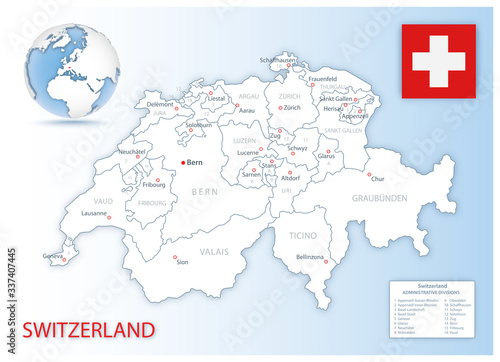 Detailed Switzerland administrative map with country flag and location on a blue globe. Vector illustration