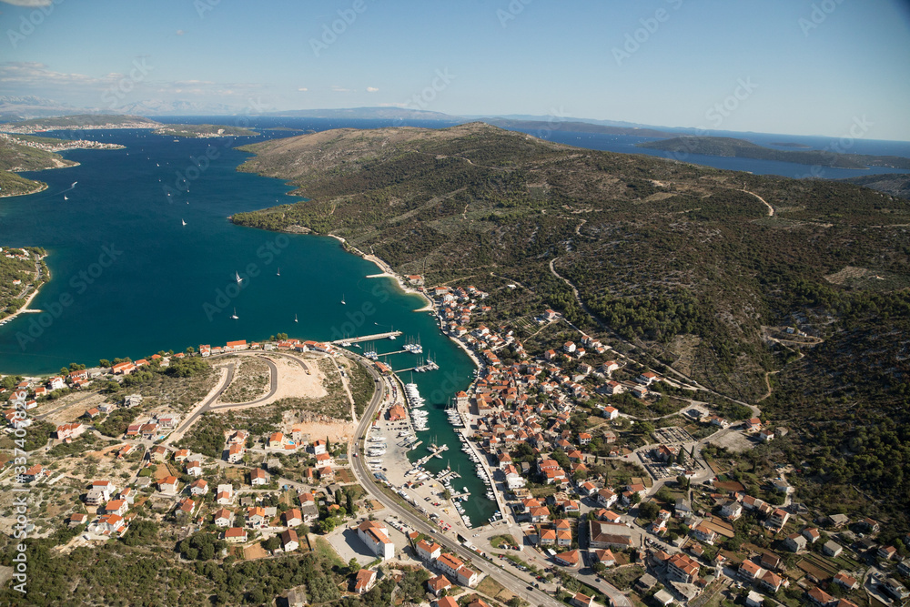 Marina Agana, next to Trogir, aerial view, Croatia.