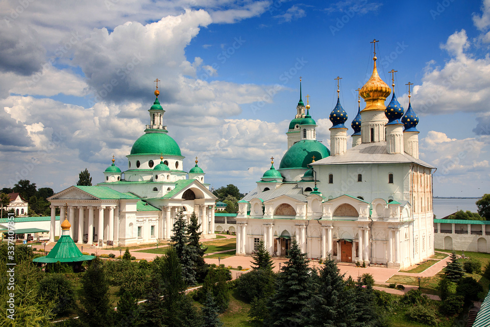 The landmark of the Golden Ring of Russia, Rostov. Cathedrals of the Monastery of St. Jacob Saviour in summer.