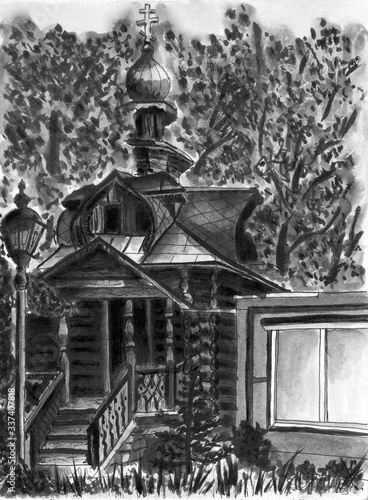 Chapel in Sergiev Posad  ink and brush drawing