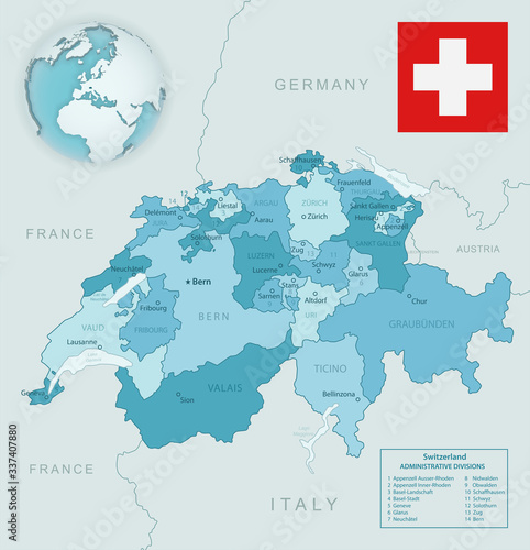 Blue-green detailed map of Switzerland and administrative divisions with country flag and location on the globe. Vector illustration