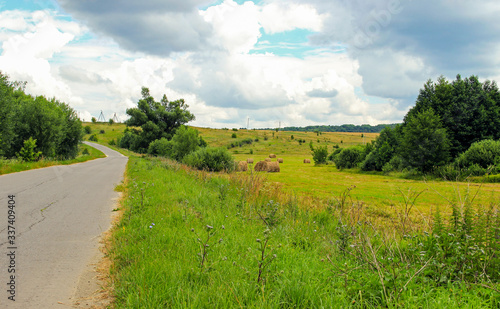 Road running along fields and forests