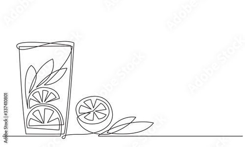 Lemonade Glass of water with lemon and mint. A refreshing citrus drink. Detox. Diet food. Continuous line drawing. Vector sketch