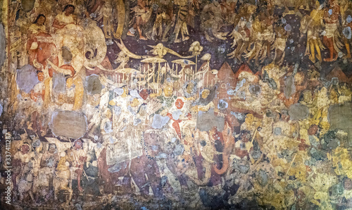 Obraz na płótnie Fresco paintings of Ancient Ajanta Buddhist caves predominantly narrates the Jataka tales social story, an UNESCO World Heritage site near Aurangabad, Maharashtra, India w salonie
