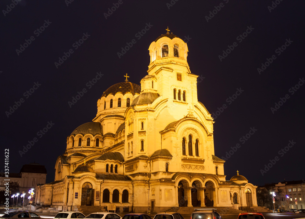Cathedral of Alexander Nevsky at night, main cathedral of capital of Bulgaria, Sofia, Bulgaria.
