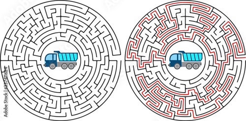 Circle Maze with Solution. Labyrinth with Entry and Exit. Find the Way Out Concept. Transportation and Logistics Vector Illustration.