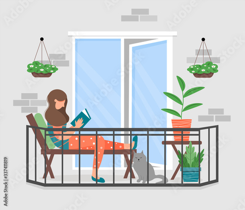 A woman is reading a book on the balcony. Girl on a deck chair with a book. The concept of coronavirus. Stay home during an epidemic. Cute vector illustration in a flat style.
