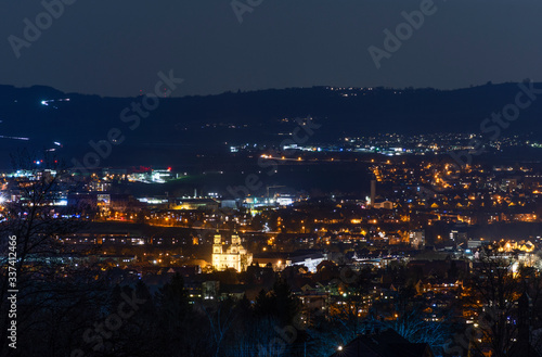 City night lights of Kempten with Basilika St. Lorenz. Bavaria, Germany © Andreas Föll