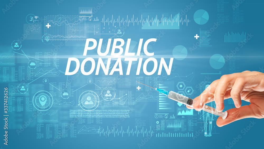 Syringe needle with virus vaccine and PUBLIC DONATION inscription, antidote concept Syringe needle with virus vaccine and PUBLIC DONATION inscription, antidote concept