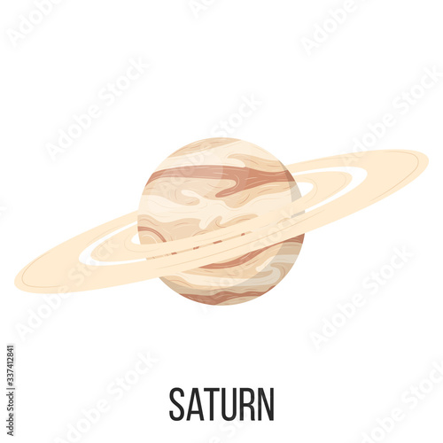 Saturn planet isolated on white background. Planet of solar system. Cartoon style vector illustration for any design.