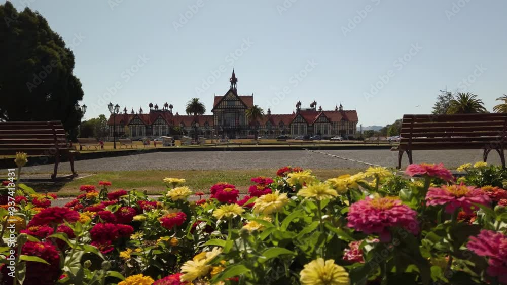 Beautiful Flowers with Rotorua Museum in Background, Slow Motion Beautiful Flowers with Rotorua Museum in Background, Slow Motion