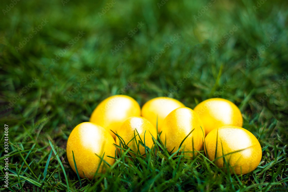 Fototapeta premium Golden color Easter eggs on the green grass. Side view. Easter 2020