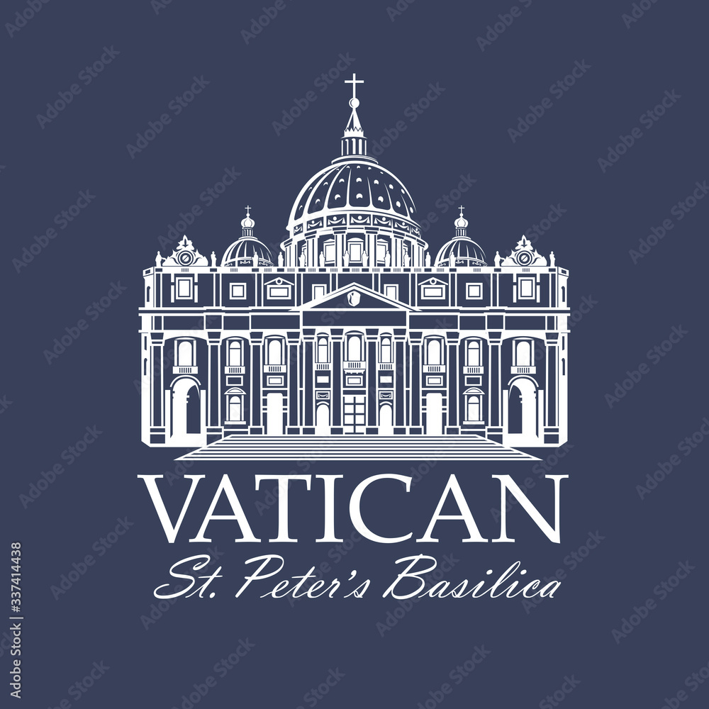 white icon of Saint Peters Basilica at Vatican isolated on blue background