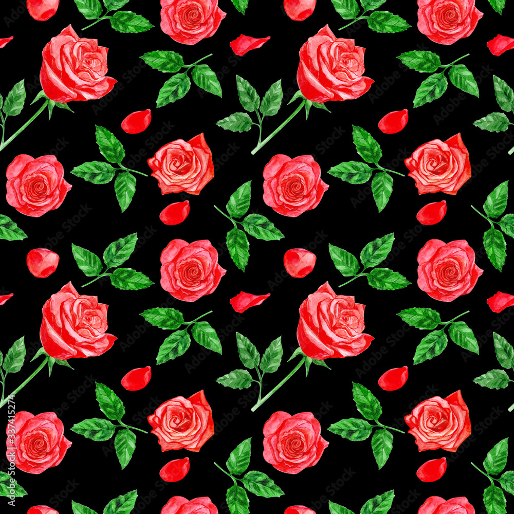 Red roses with petals and leaves on a black background. Floral seamless  pattern. Design for fabric, textile, packaging, paper, wallpaper.