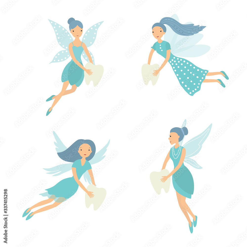 Set tooth fairy. Vector illustration isolated on white background.