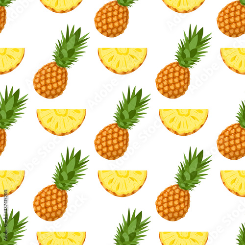 Seamless pattern with fresh whole and cut slices pineapple fruit with leaves on white background. Summer fruits for healthy lifestyle. Organic fruit. Cartoon style. Vector illustration for any design.