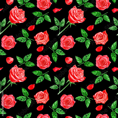 Red roses with petals and leaves on a black background. Floral seamless pattern. Design for fabric, textile, packaging, paper, wallpaper.