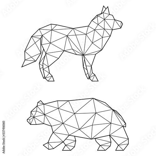 Set of two polygonal abstract animals, bear and wolf. Vector illustration