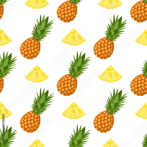 Seamless pattern with fresh whole and cut slices pineapple fruit with leaves on white background. Summer fruits for healthy lifestyle. Organic fruit. Cartoon style. Vector illustration for any design.