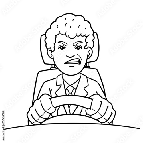 A stressed car driver sits behind the wheel and bares his teeth. stress, traffic jam, monochrome, trouble.