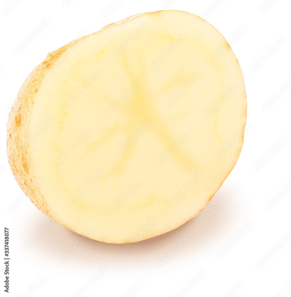 Potato cut in half, washed and with skin. Isolated on white background.