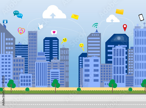 Flat Design Social Media Communication Network Town during Quarantine Vector Illustration