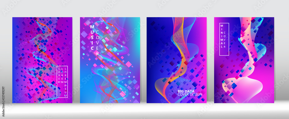 3D Flow Shapes Music Cover Layout. Blue Purple Pink Digital Vector Cover Design. 