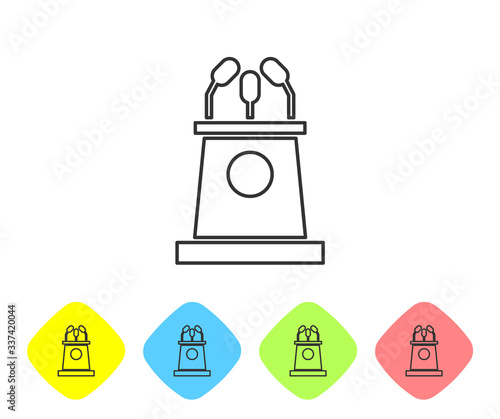 Grey line Stage stand or debate podium rostrum icon isolated on white background. Conference speech tribune. Set icons in color rhombus buttons. Vector Illustration